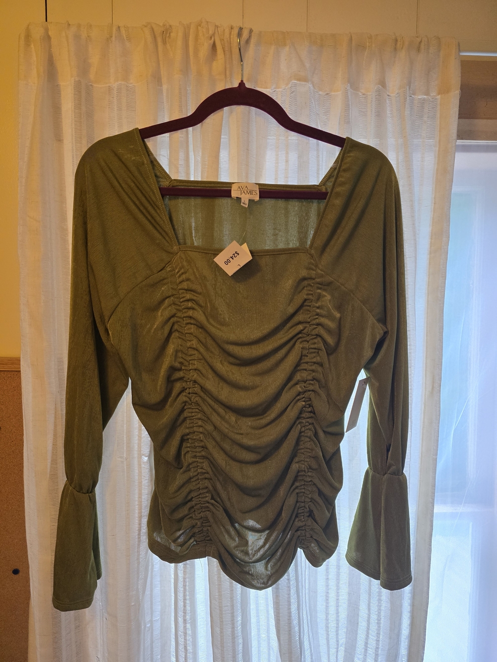 Ava James Olive Ruched Square-Neck Long Sleeve Top